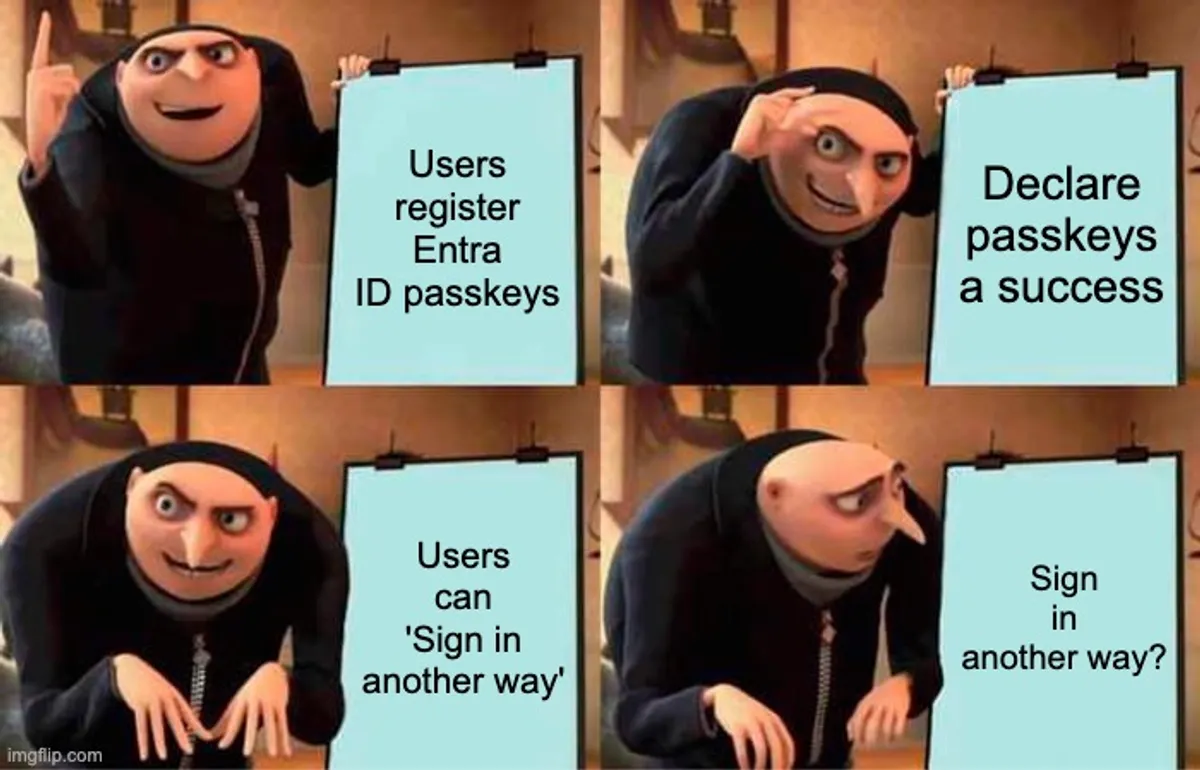 Gru celebrates users registering Entra ID passkeys, then realises they can still select 'Sign in another way'.