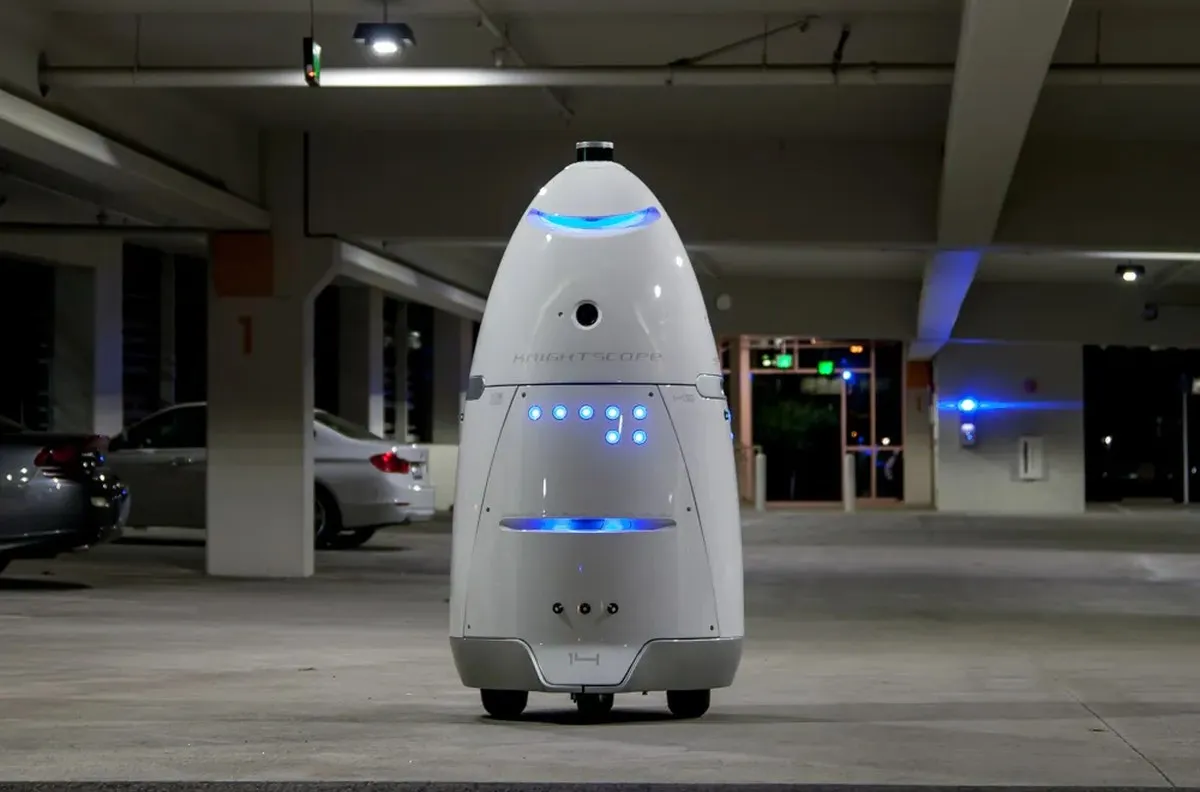 Autonomous security robot in a parking garage.
